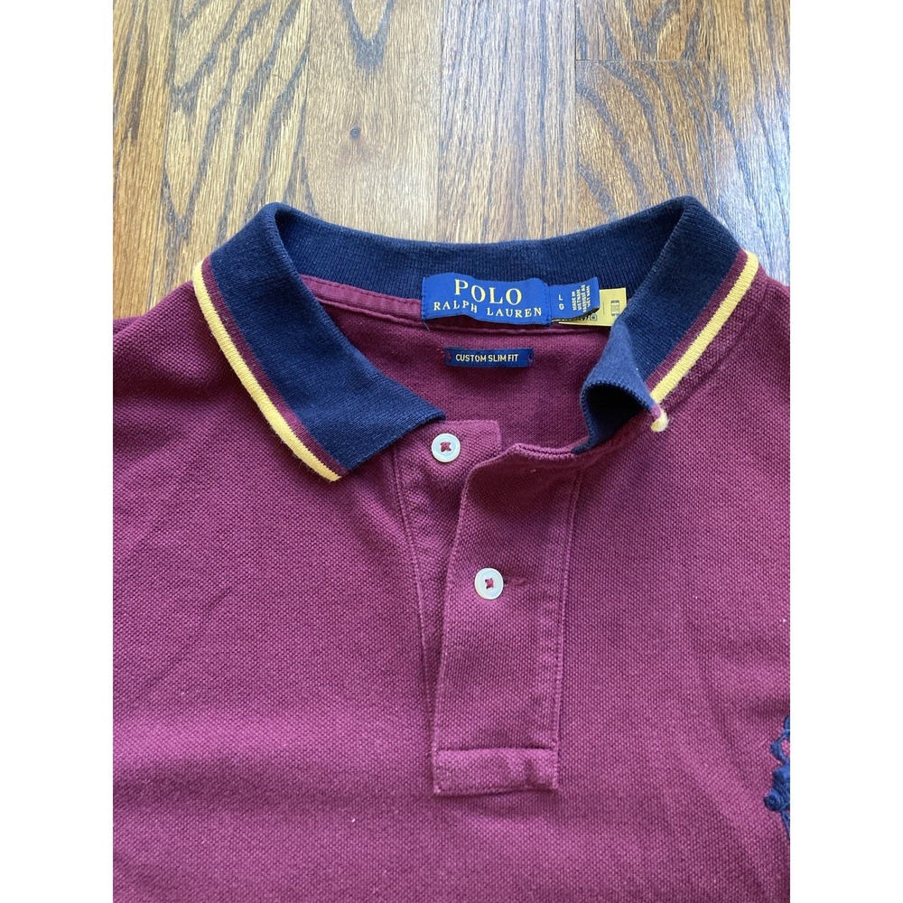 Polo Ralph Lauren Polo Shirt Men Large Slim Fit Burgundy Plum Big Pony Preppy - Picture 4 of 9